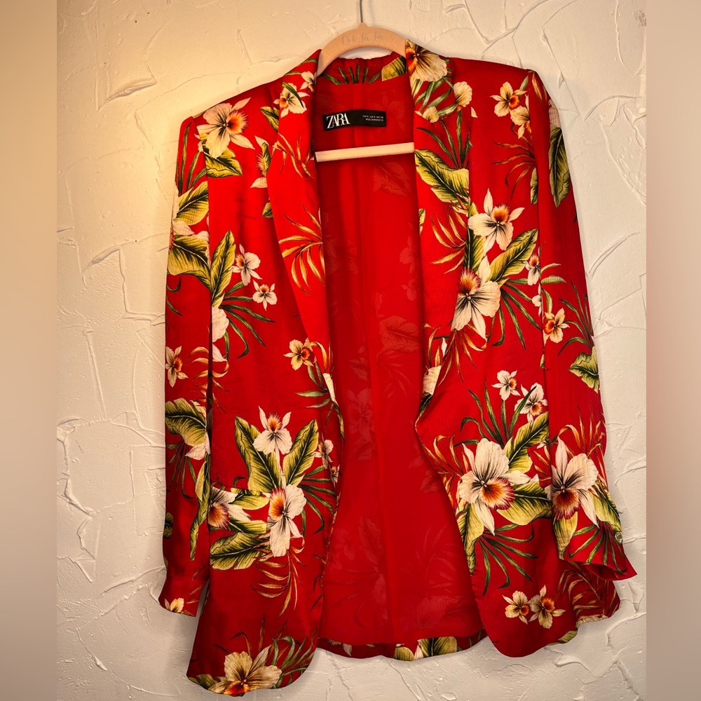Zara Red Tropical Floral Chiffon Blazer